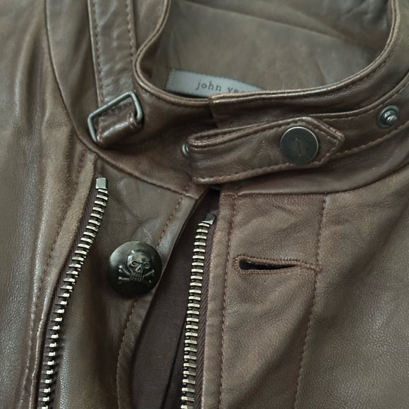 John Varvatos Leather Jacket Mens 48 Brown Leather Bomber Buttons double zip - Picture 6 of 16